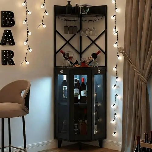 All Black Corner Wine Cabinet, Lockable Glass Door with Light | 4-Tier Storage With 2 Wine Racks & 2 Display Trays