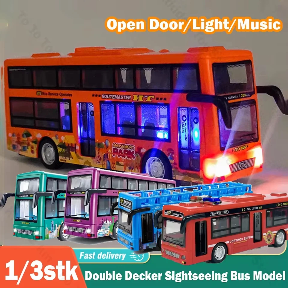 Double Decker Sightseeing Bus Model Pull Back Vehicles Toy Die