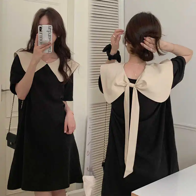 Vestido de Maternidad Corto de Verano, Estilo Casual, Talla Grande, Vestido Tipo Camiseta con Cuello de Muñeca, Vestido para Futura Mamá, Falda Línea A