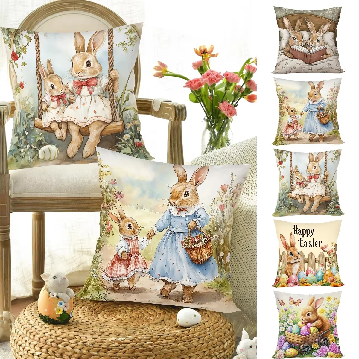 1pcs Easter Throw Pillow Cover Rabbit Eggs Decorative Pillowcase for Sofa Bed Cushion Case for Spring Holiday Home Decor Easter