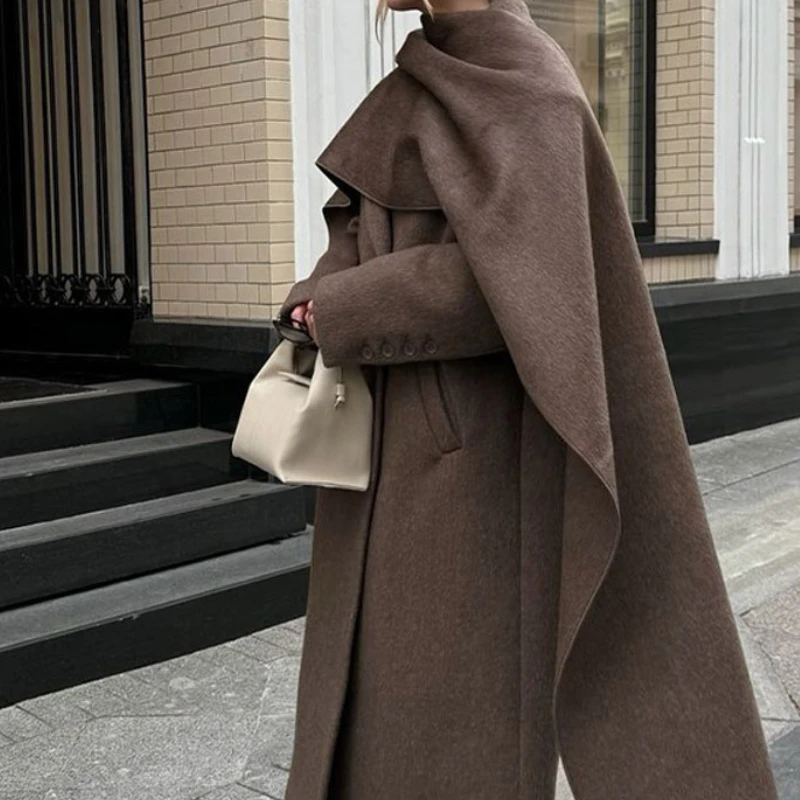 معطف نسائي بياقة وشاح بني عتيق مع حزام أنيق بأكمام طويلة وجيوب سترة صوفية ملابس خروج فضفاضة جديدة للسيدات ﻿