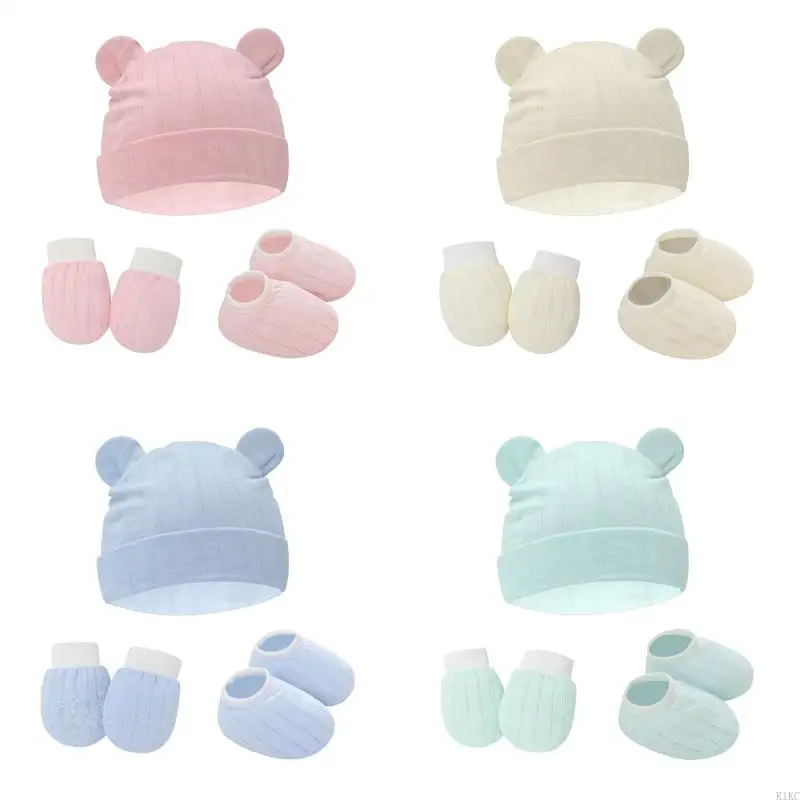 K1KC 1 Set Baby Anti Scratching Gloves Ears Hat Foot Cover Set Soft Cotton Newborn No Scratch Mittens Socks