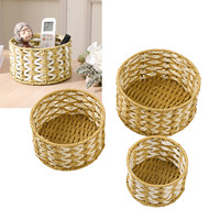 Woven Storage Basket 3pcs Round Rustic Stylish Hand Woven Organizer Bin For Clothes Toys Snacks