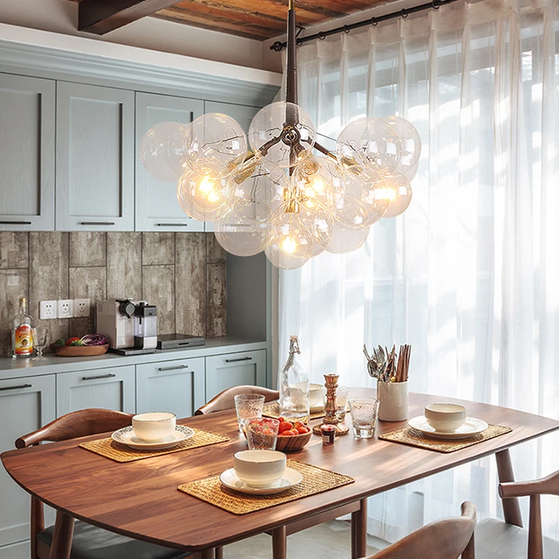 LED Lights Glass Bubble Ceiling Chandelier Black Lustre Minimalist Hanging Lamps for Kitchen Island Nordic Home Decor Luminaria