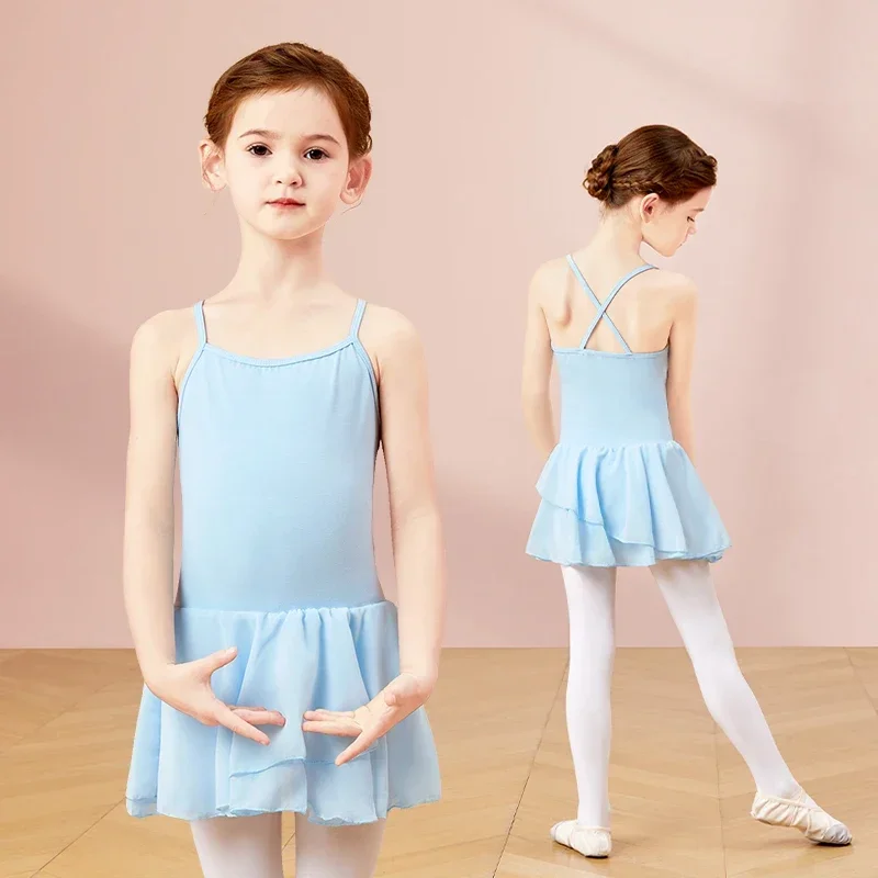 Vestido de dança sem mangas para meninas, alça cruzada, collant de ginástica, saia de chiffon, trajes infantis