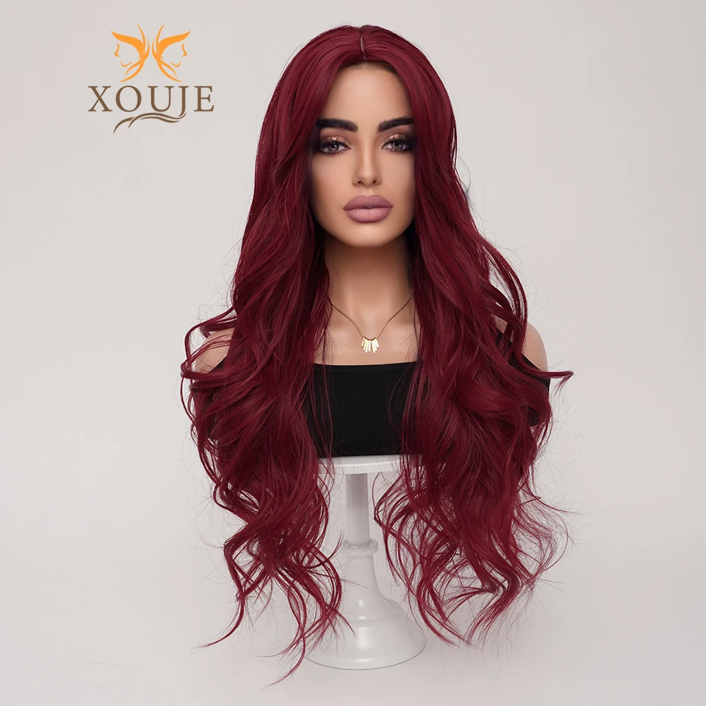 Natural Sexy Burgundy Wig Long Curly Synthetic Heat Resistant Wig Natural Wave Center Split Bangs Wig Daily Use Women\'s Holiday