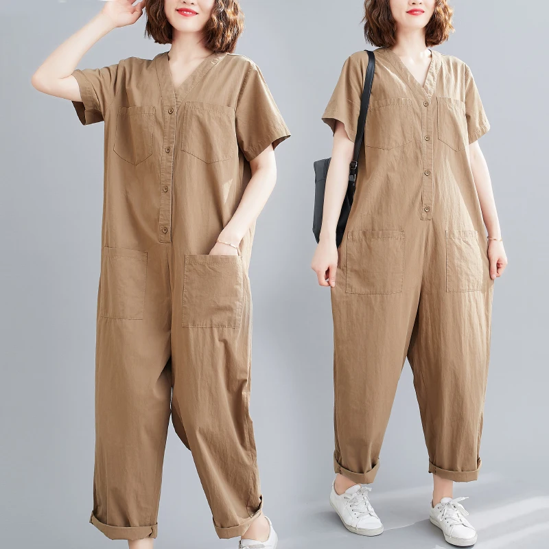 

Women Summer Short Sleeve Jumpsuit Button Down Half Sleeve V-neck Linen Shirt Overalls One-Piece Loose Rompers 2024 T134