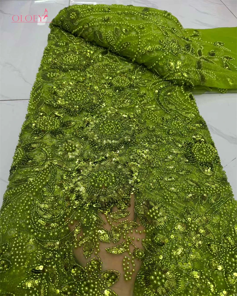 

OLOEY Luxury Handmade Beaded Embroidery Tulle Lace Fabric France Nigeria Sequins Bridal Fabrics High-end Wedding Fabrics Dresses