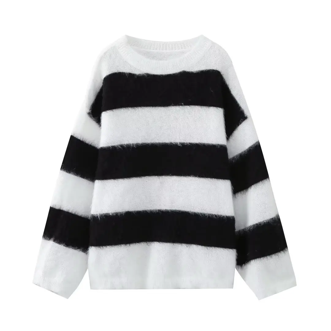 2024 Autumn Winter Fashion Women Loose Sweater Casual Round Neck Long Sleeves Solid Color With Black White Stripes Outwear