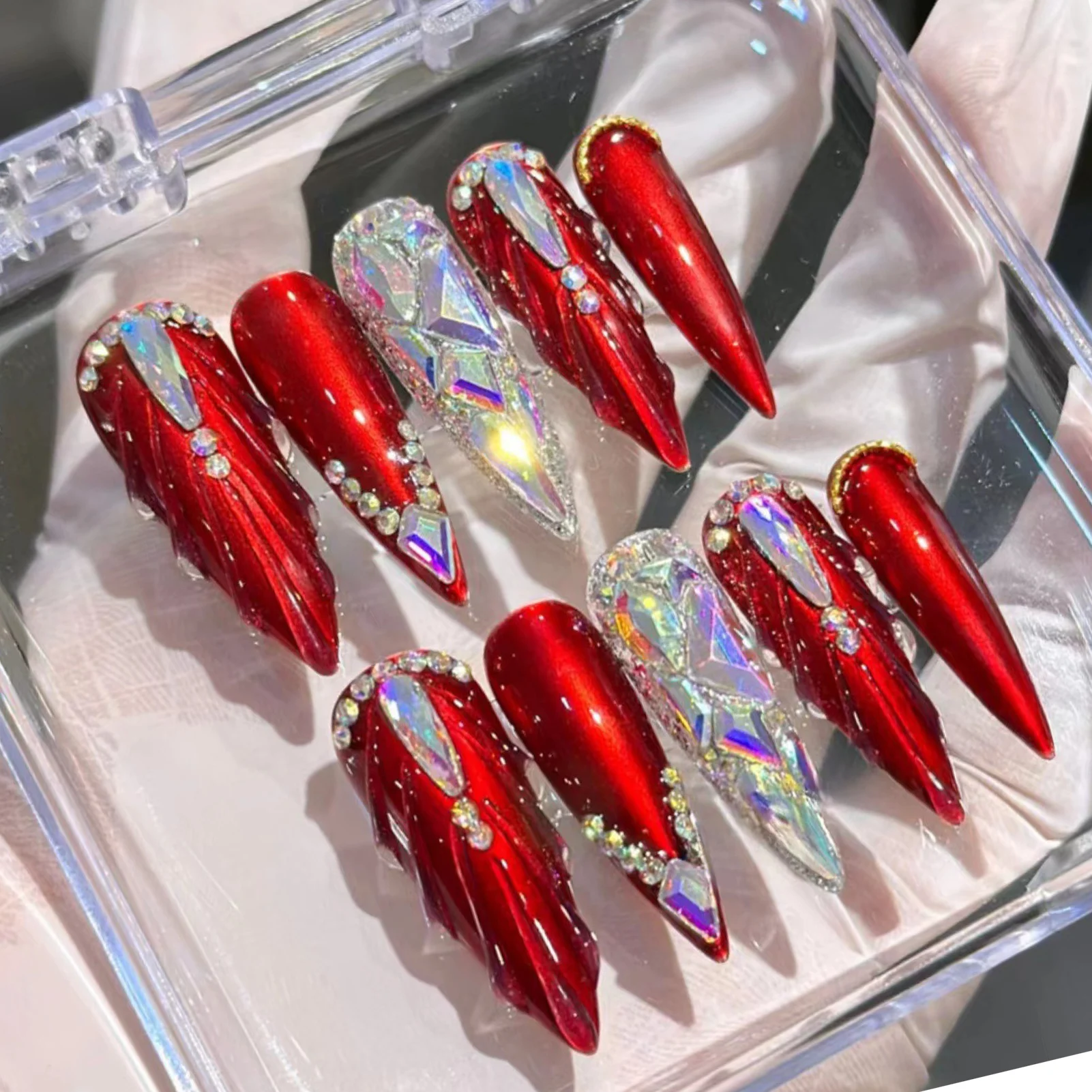 Artificial Nails Finger with Colorful Rhinestone Chip-Proof Smudge-Proof Fake Nails for Hot Girl Dress Matching