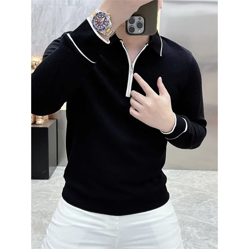 High Street Fashion Men Turn-down Collar Half Zipper T-Shirts Simple All-match Long Sleeve Autumn Winter Panelled Elastic Tops