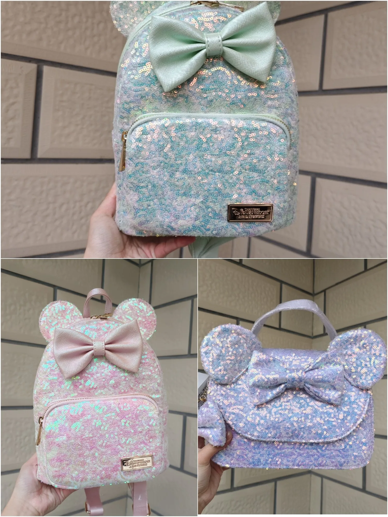 Shanghai Disneyland Store Minnie's Bow Sequined Shopping Traveling Backpack Handbag Girls Birthday Christmas Valentine Gifts