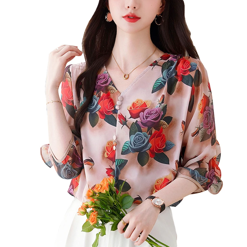 2024 New Autumn Women Tops New Fashion Silk Chiffon Blouse V-neck 3/4 Sleeve Casual Ruffles Floral Printed Shirt