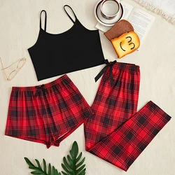 3Pcs Women's Pajama Set Camisole Shorts Trousers Three-Piece Bow Tie Home Wear Set Plaid Print Sleepwear for Women Christmas pjs