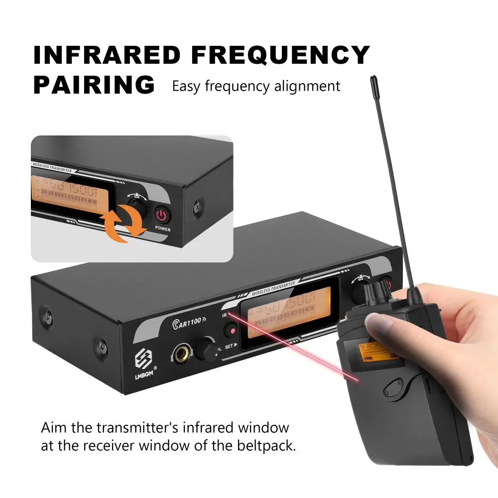 LMBGM-AR1100 ระบบตรวจสอบอินเอียร์ไร้สาย (มีกระเป๋าคาดเอวสี่ช่อง) ระบบไมโครโฟนตรวจสอบแบบเรียลไทม์ความถี่ Whf -