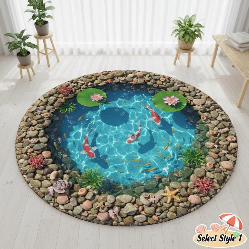 3D Koi Fish Pond Water Garden View graphics Circle Rug,Living Room Sofa,Entryway,Game Room home decor Washable Rug Giftbox