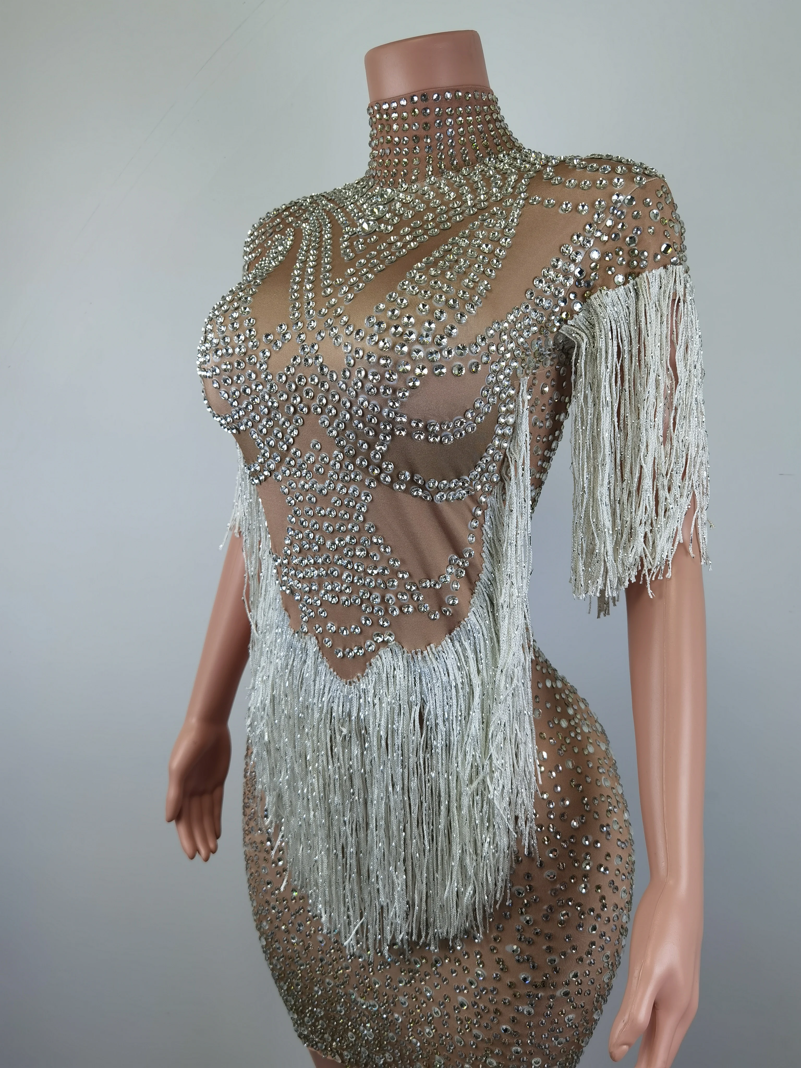 Elegancka Sukienka Koktajlowa Bodycon z Długim Rękawem, Frędzlami i Cyrkoniami, Damski Strój Klubowy, Suknia Wieczorowa na Kolację, Seksowna Mini Sukienka na Bal Maturalny