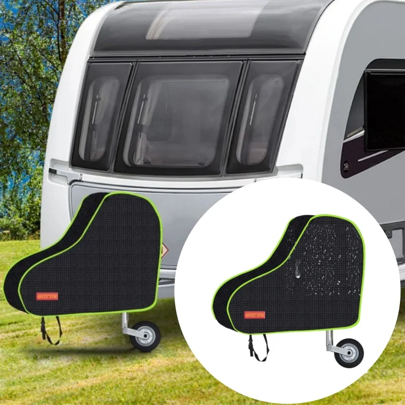 1pc Caravan Hitch Cover Universal Waterproof Tow Towing Hitch Black Cover + Strap Green Strip Motorhome RV Hook Rain Cover