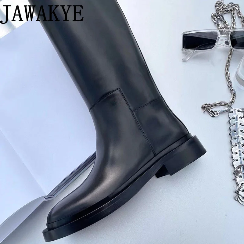 Oryginalne skórzane buty do kolan zwięzłe kobiety okrągłe Toe Chunky Heel długie czarne buty Runway buty do kolan kobiety znane marki