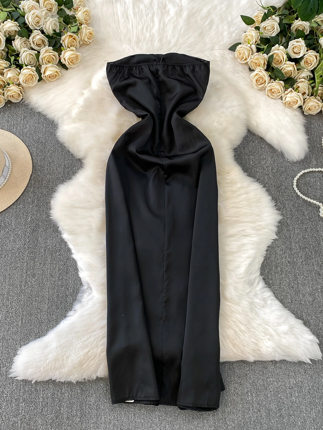 

Ele Satin Strapl Dr Women's Slimming Sexy Long Dr with Chest Pad Autumn Draped High Waist A-Line Skirt Dr