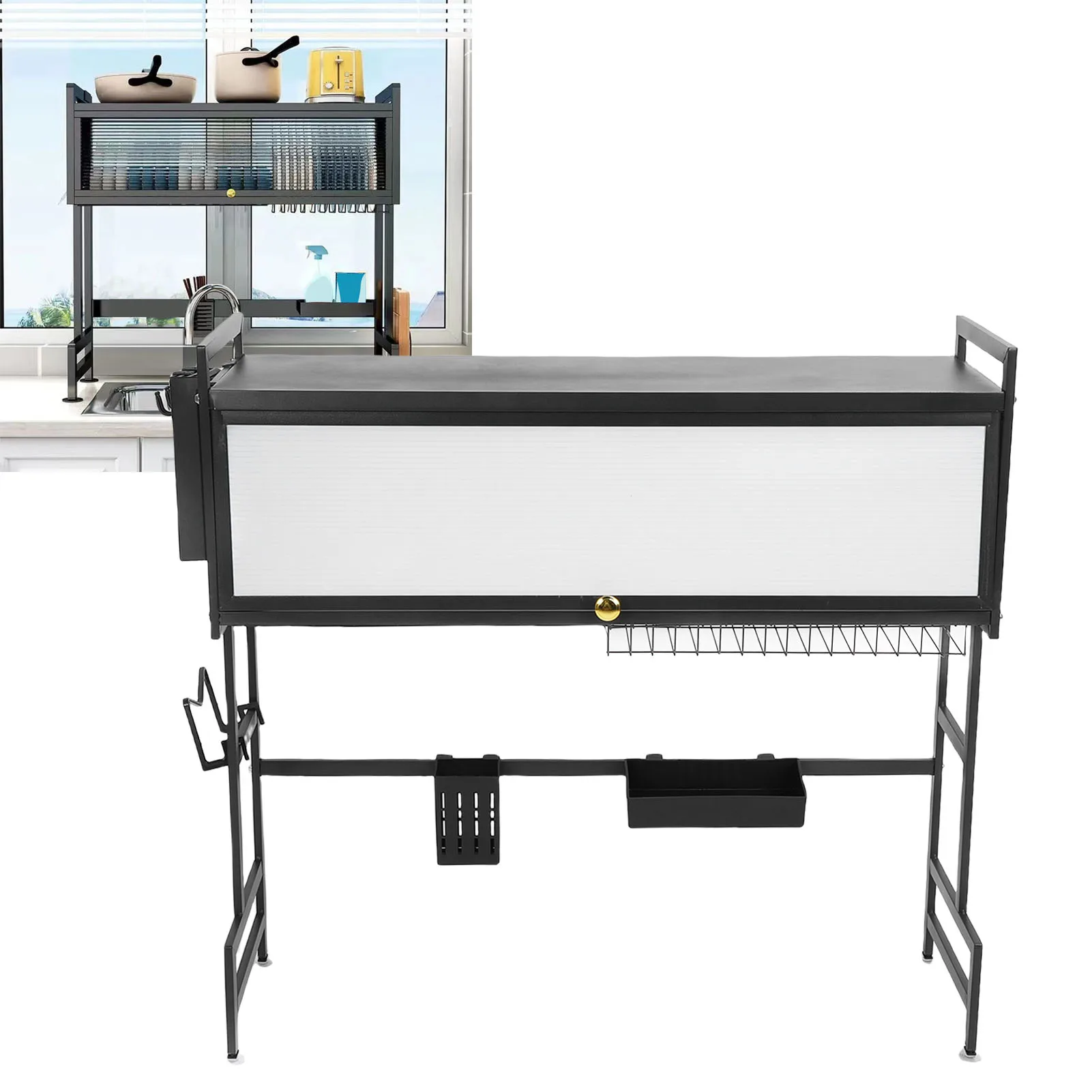 

Мультиорганайзер для шкафа, стальная сушилка для посуды над раковиной, 3-уровневый держатель для посуды, большая полка для посуды над раковиной с крышкой