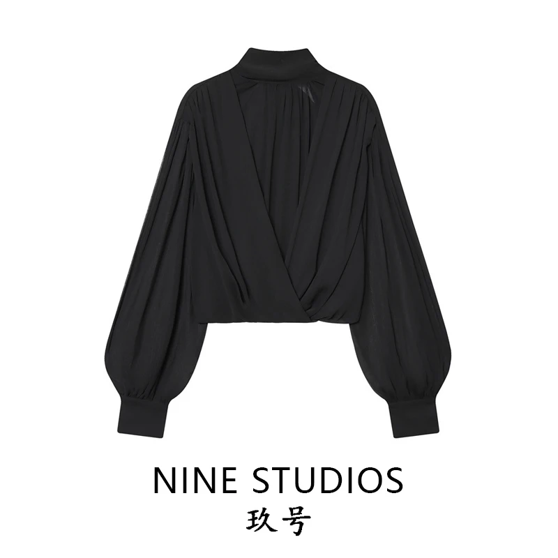 

NINE ZAR Women's irt Knot Decorated Semi-Transparent Pleated Balloon Sve ort Length European Sle Loose Fit