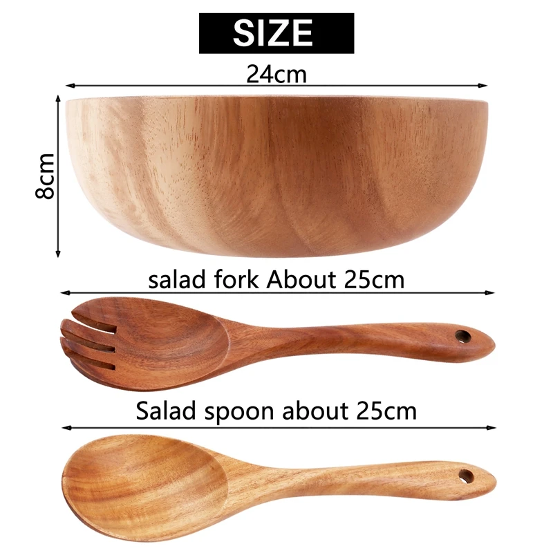 Wooden Salad Bowl-Large 9.4 Inch Acacia Wood Salad Wooden Bowl With Spoon, Can Be Used For Fruit, Salad