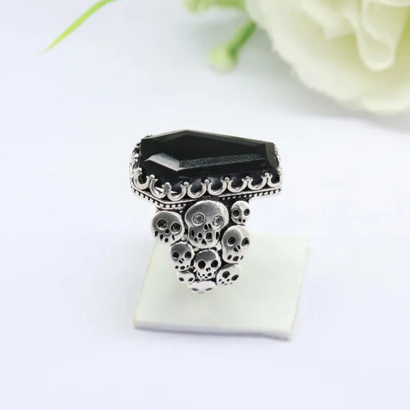 1Pc Vintage Skull Coffin Geometric Personalized Gothic Alloy Silver Color Black Ring Men Women Party Prom Daily Gift Size 6-10