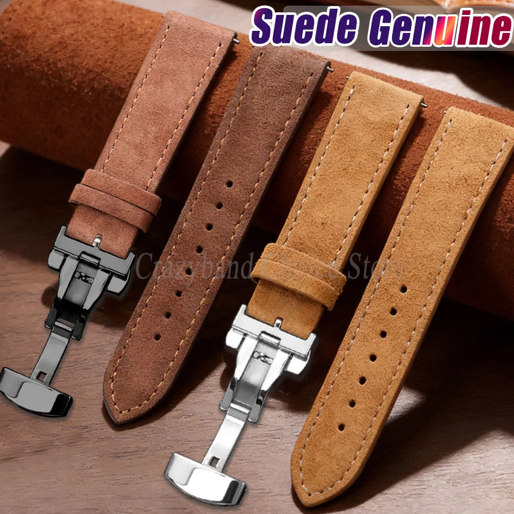 Wildleder-Uhrenarmband aus echtem Rindsleder, Vintage-Leder, braune Armbänder, Schnellverschluss, 18/19/20/22 mm, Schmetterlingsverschluss, Ersatz-Armband