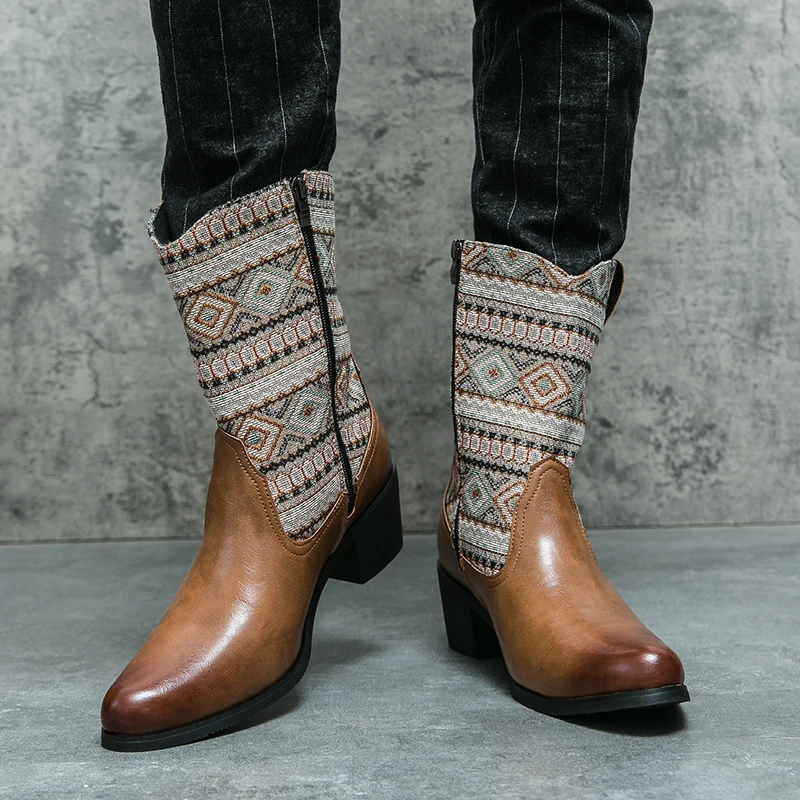 New Flat-Bottomed Tendon-Soled Men's Boots Ethnic Style Leather Printing Mid-Tube Warm And Comfortable boots