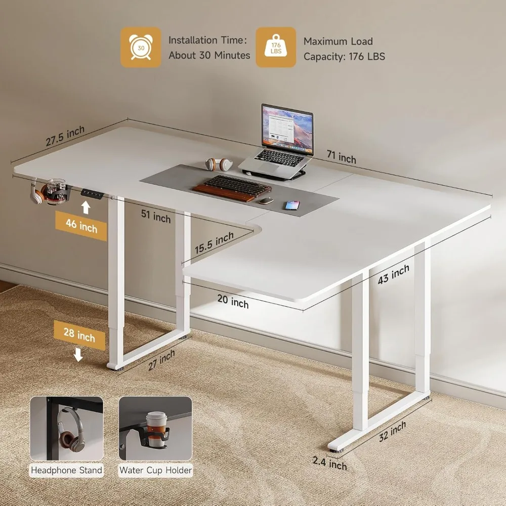 71x43 Inches L Shaped Desk with 4 Legs, Dual Motor and Memory Controller, Electric Stand Up Desk Adjustable Height