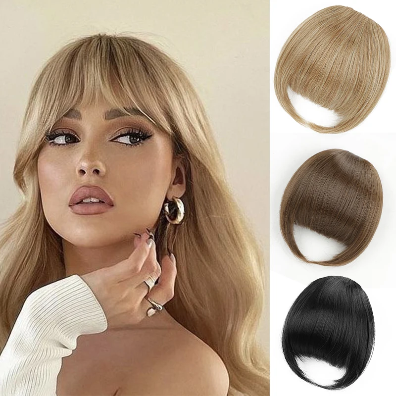 Straight Clip-in Hair Fake Bangs Extensions Invisible Clips French Bangs with Thin Hair Temple Coverage Synthetic Curved Bangs