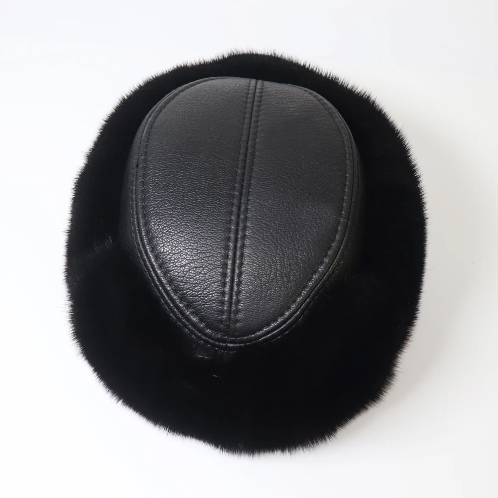 Men Winter Outdoor Keep Warm Real Mink Fur Bomber Hat 100% Natural Sheepskin Leather Cap Russian Male Genuine Muskrat Fur Hats