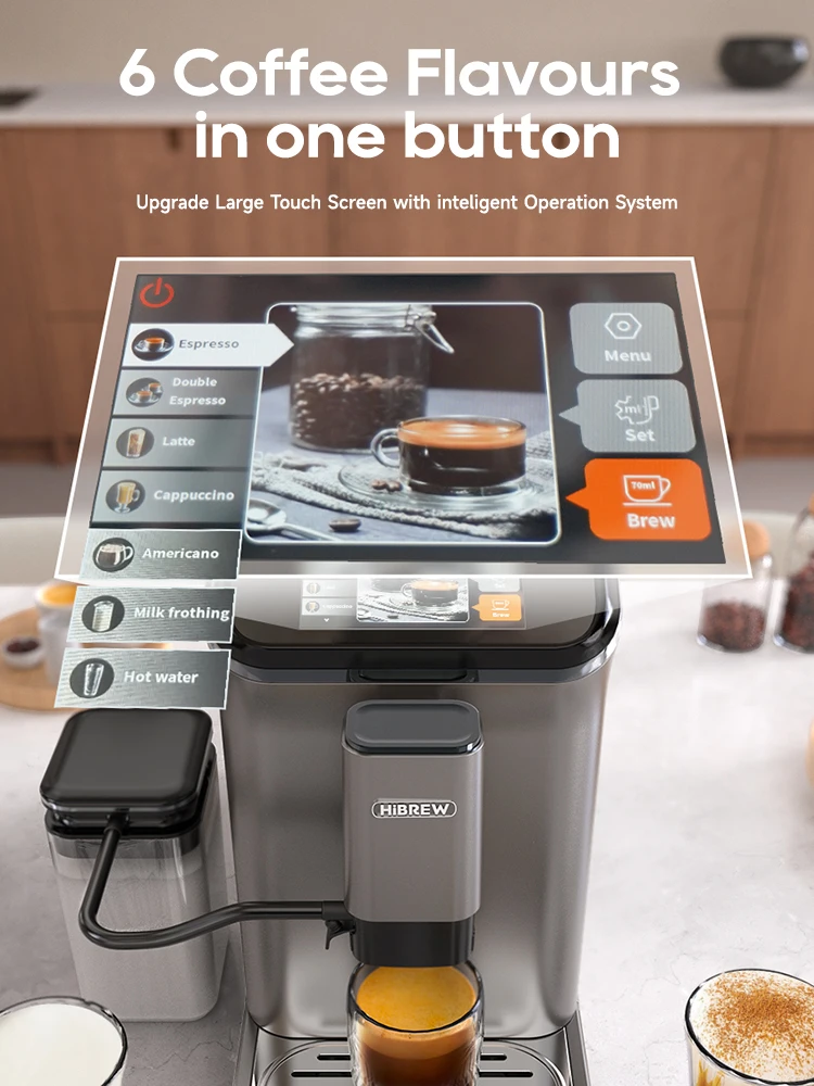 Hibrew voll automatische Espresso maschine Cappuccino Milch system 6 Kaffees orten intuitives Touch-Display mit Mühle h16