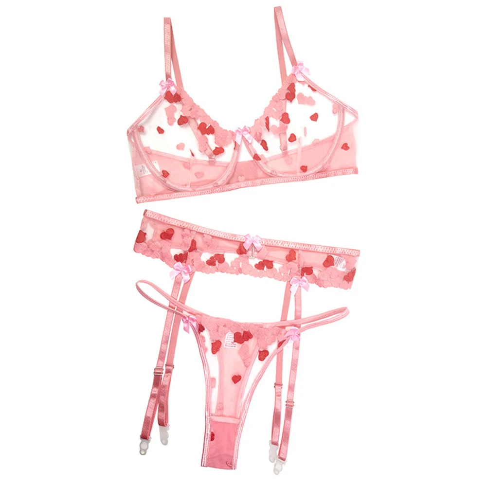 

Womens Lingerie 3Pcs Set Ultra Thin Gauze Lace See Through Bra Thong Suspender Outfit Stocking Heart Embroidery Pink Underwear