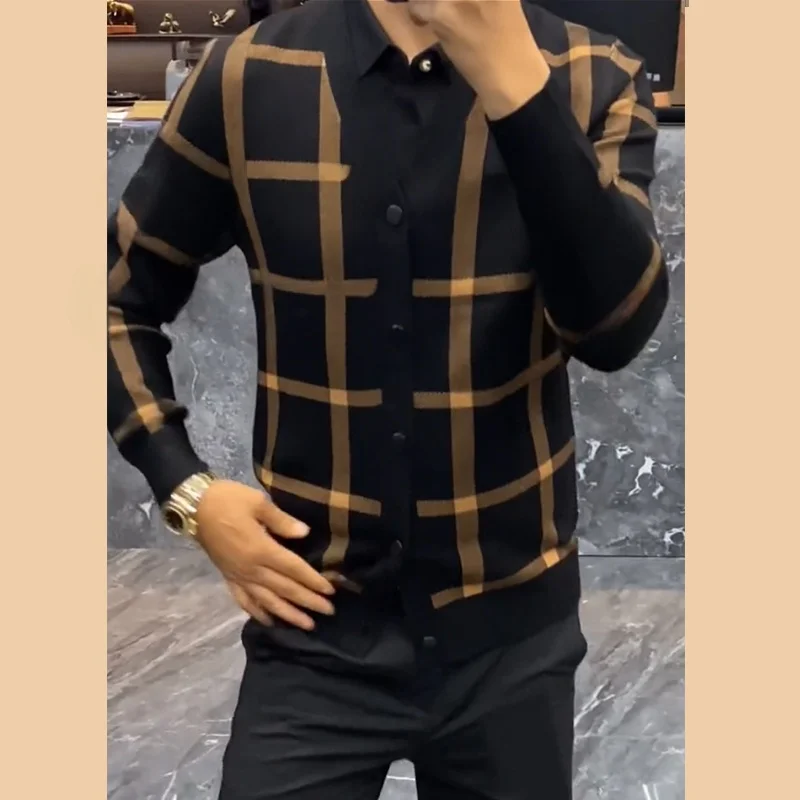 

Autumn Men's Knitted Jaet Slim Fit V-Ne Plaid Sweater Cardigan Outerwear Casual Faion High End European Brand