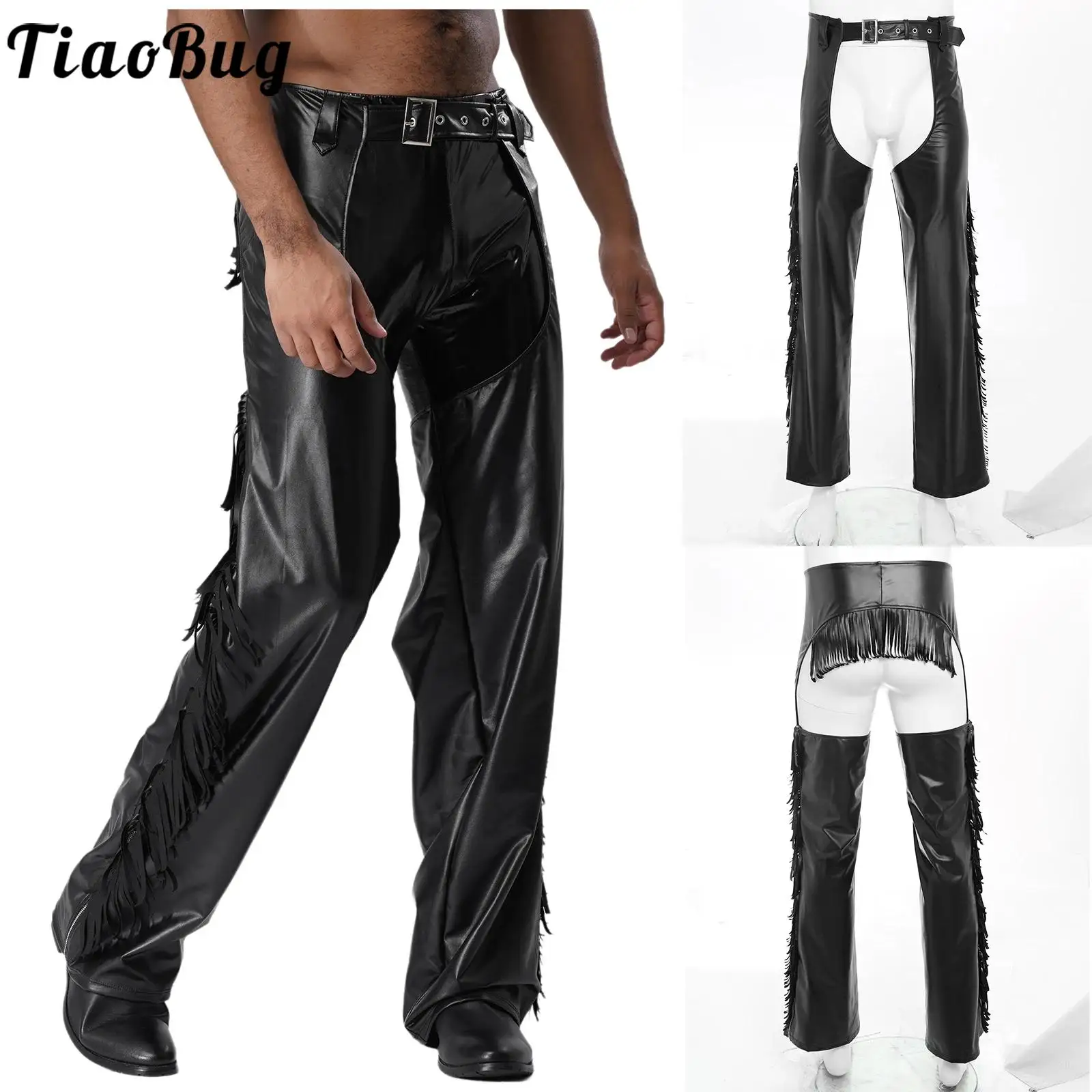 Homens Western Show Chaps Cowboys Calças de Couro Falso Brilhante Recorte Borlas Franjas Calças de Motocicleta para Festa Temática de Halloween