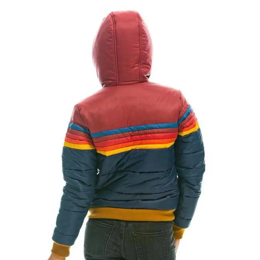 Winter Cotton Coat With Pockets Coloblock Zipper Closure Hooded Padded Cardiagn Short Type Elastic Cuffs And Hem Cotton Jacket