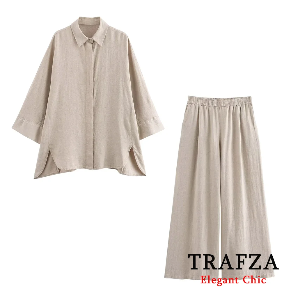 

TRAFZA Casual Basic Shirt Suit Women Lapel Buttons Nine-quarter Sleeves Shirt with Wide-Legged Pant New 2024 Summer Holiday Set