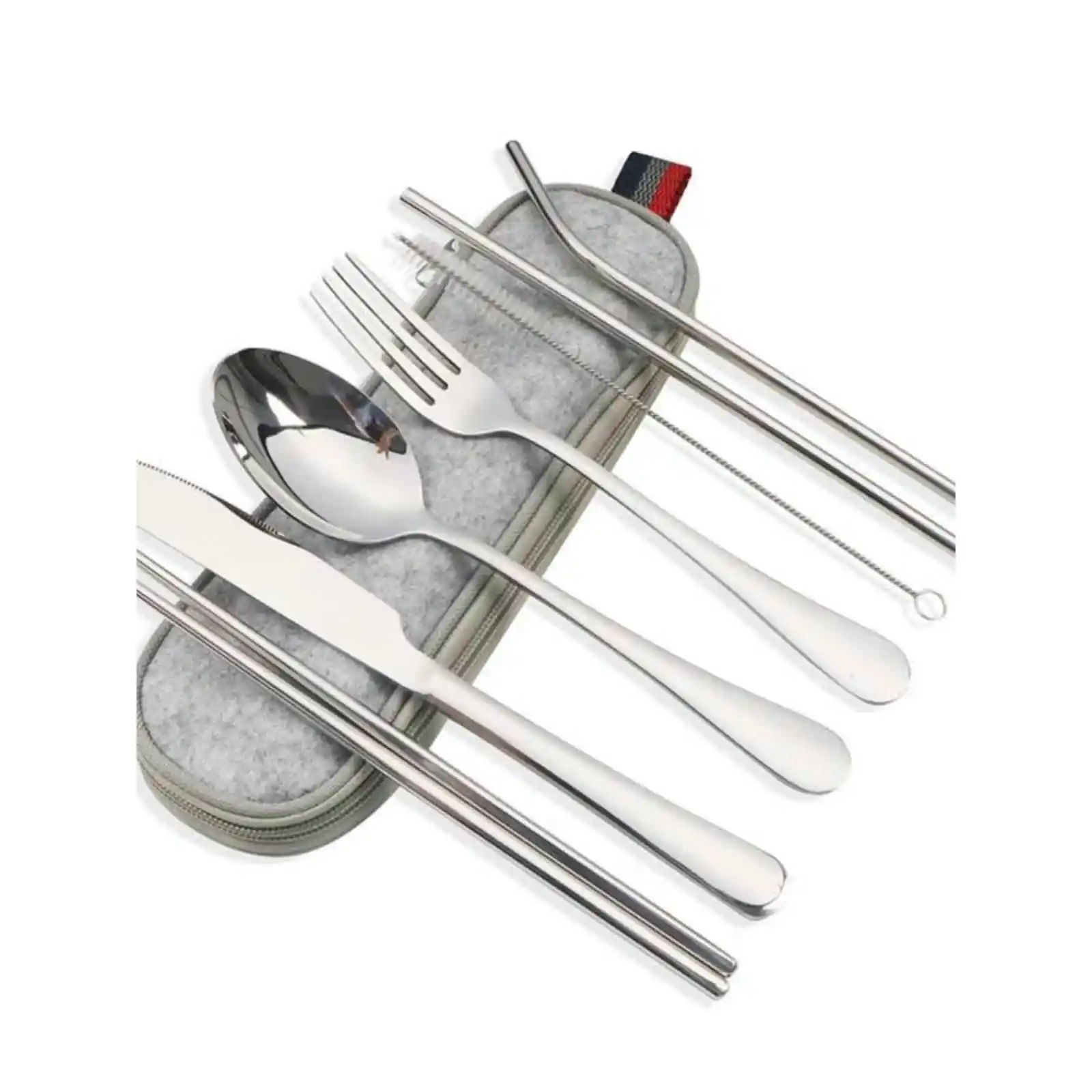 

Portable Stainless Steel 410 Cutlery Set with Straw Chopsticks Western Dinner Knife Fork Soup Spoon Combination Seven Pieces Set