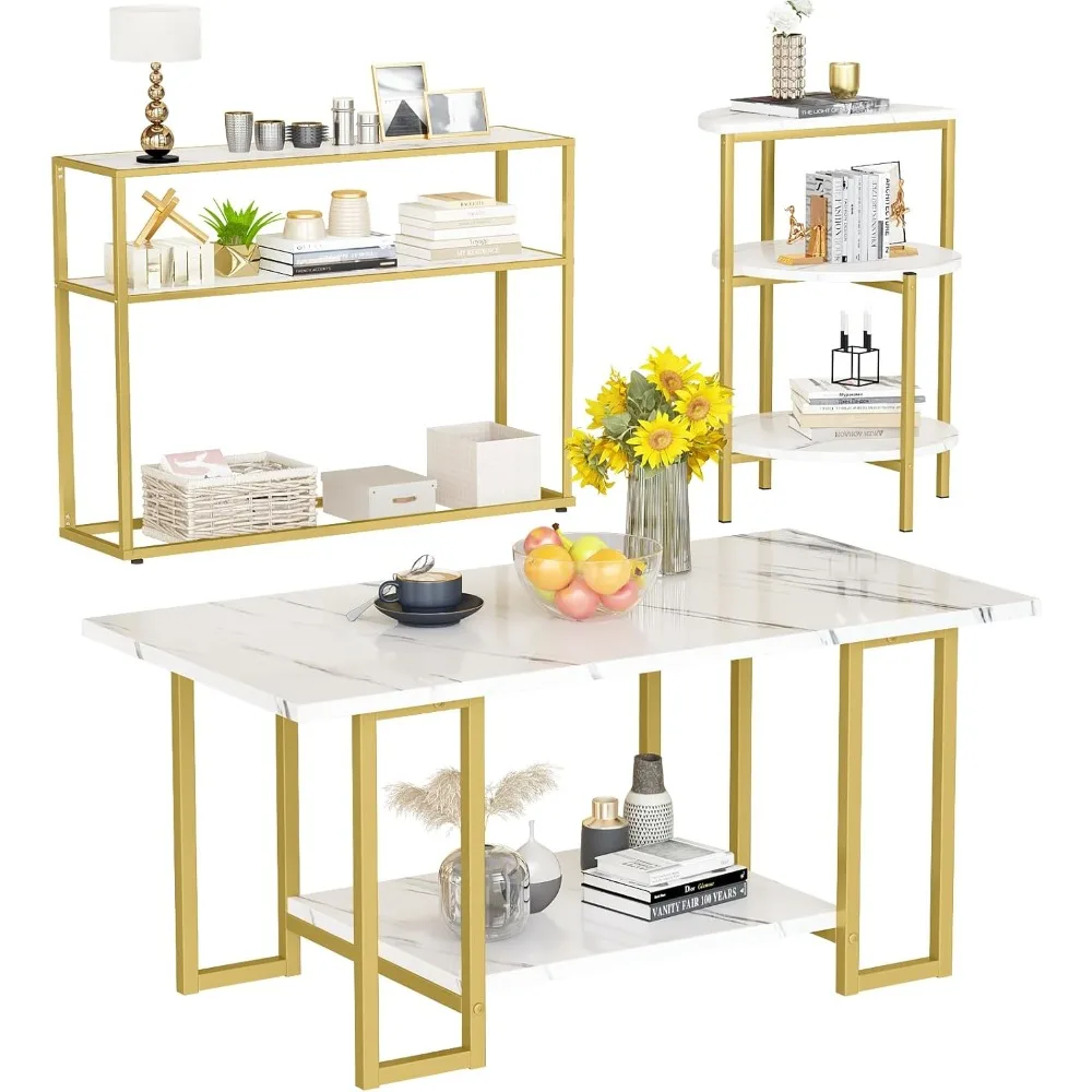 Conjunto de centro moderno de 3 peças, com mesa final e mesa de console, conjuntos de mesa contemporâneos de mármore falso para sala de estar, branco e dourado