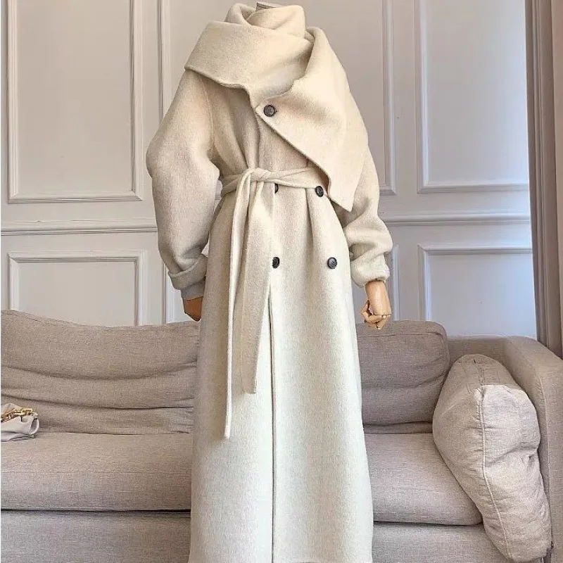 Women\'s Handmade 100% Wool Cashmere Long Jacket Coat with Belt Winter Scarf Collar Luxurious Slim Warm Overcoat Outerwears