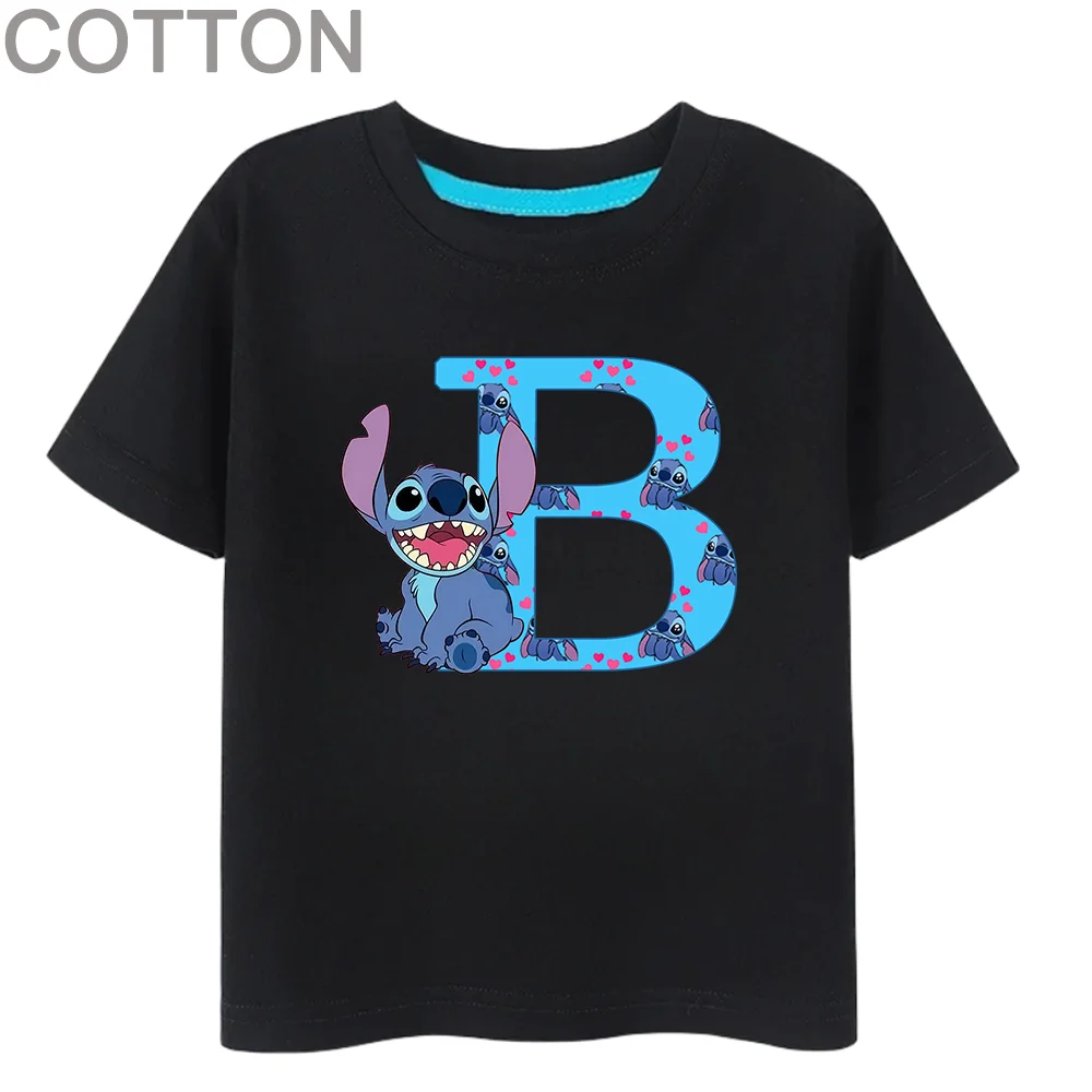 

Black Stitch Letter ABCD Cotton Children T-Shirt Name Combination Tee Shirts Cartoons Kawaii Kid Casual Girl Boy Harajuku Tops