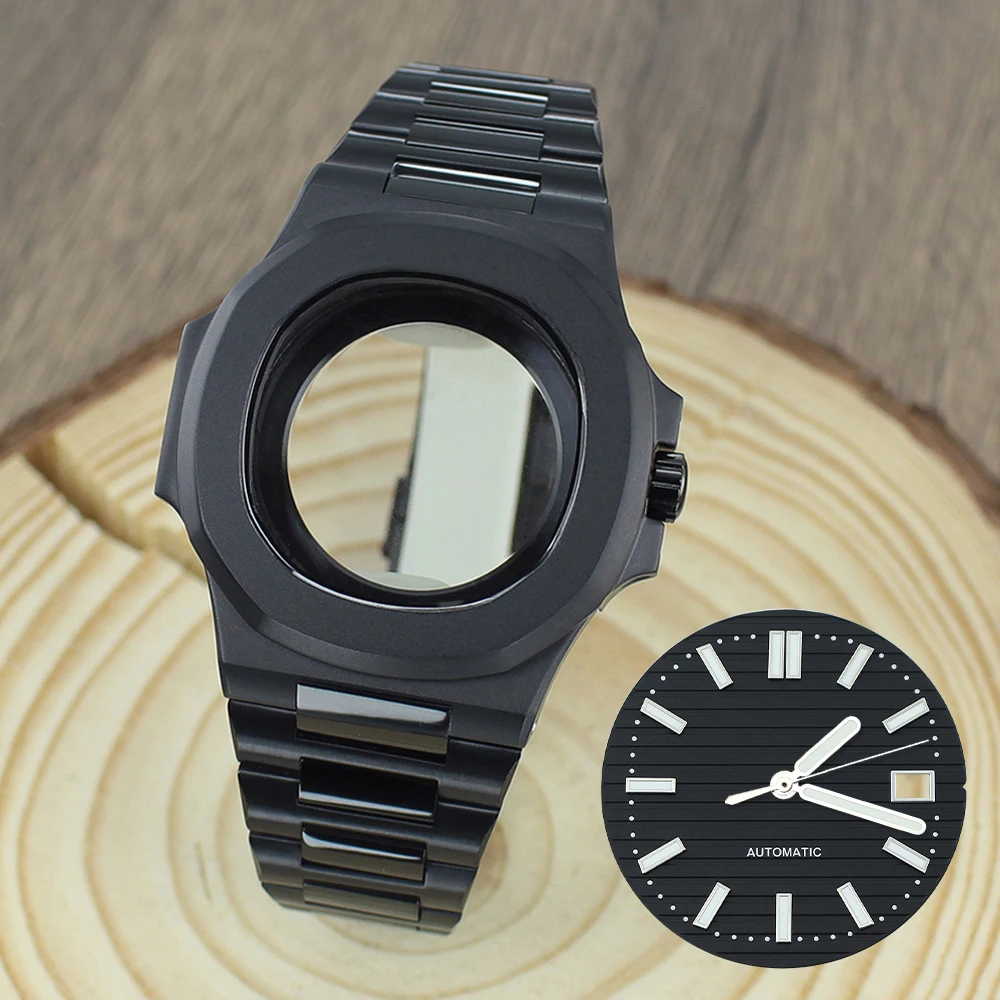 

Matte Black/Brushed Black 40mm Square Watch Case Strap+Dial+Hands Assemble Parts for Nautilus NH35 4R35 Movement Sapphire Glass