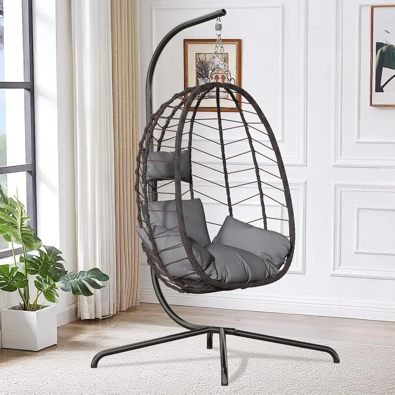 UV-Resistant Weatherproof Foldable Hanging Egg Chair Stand Indoor-Outdoor Wicker Rattan Swing Cushions Headrest Patio Gardenprom