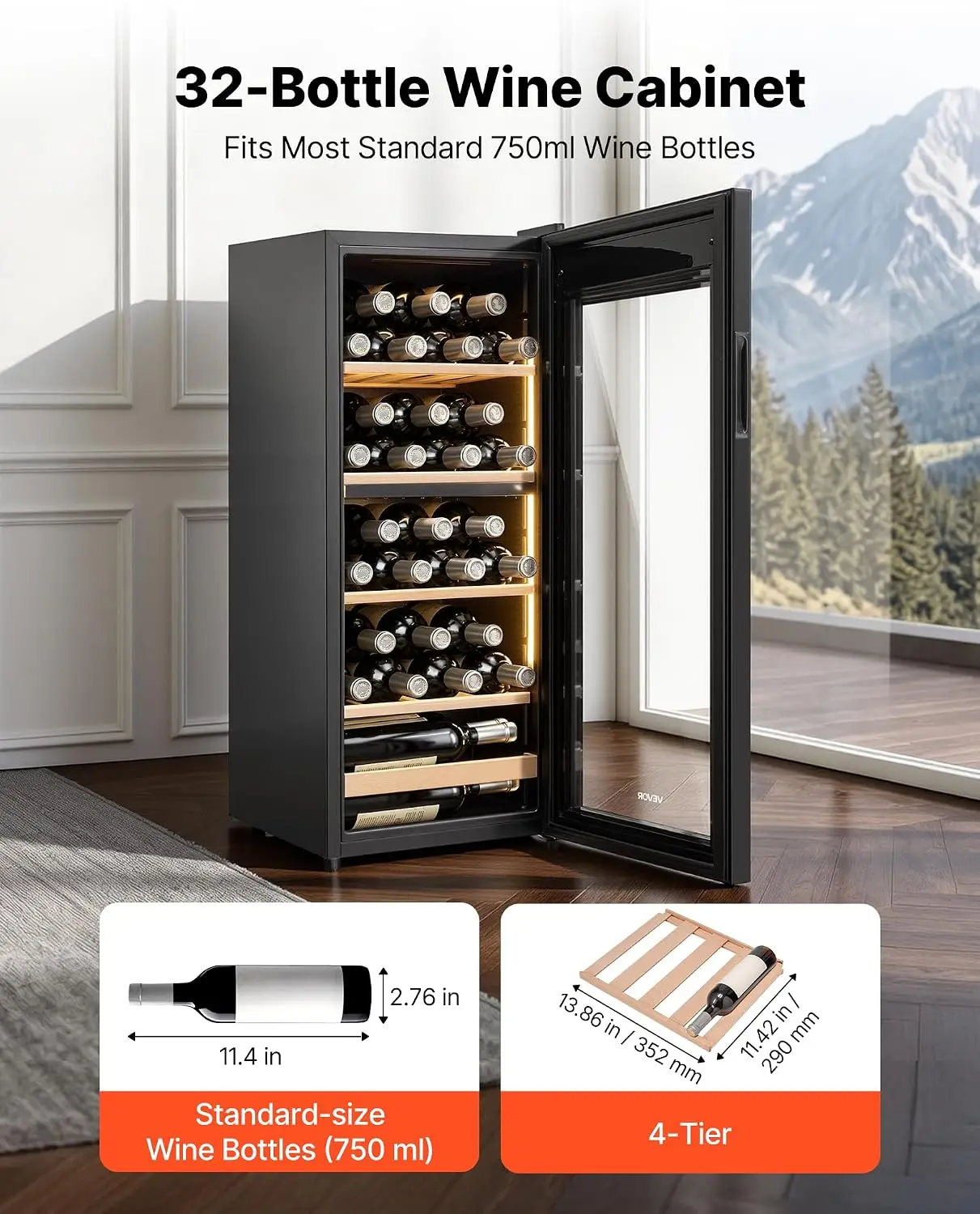 32 Bottle Wine Fridge, Freestanding Wine Cooler Refrigerator, Dual Zone Cooler, 41℉ to 65℉ Adjustable Temp Mini Cellar, Glass Do