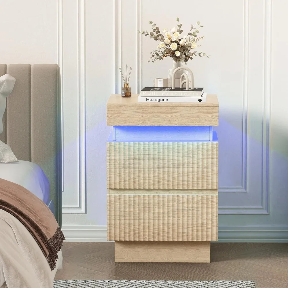 Led Nightstand with Charging Station, Fluted Night Stand with Drawers and Light, 26