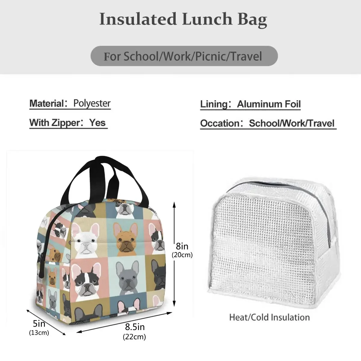 Cute French Bulldog Print Lunch Bag For Women Portable Insulated Canvas Thermal Food Lunch Bags Women Kids Picnic Bag Totes