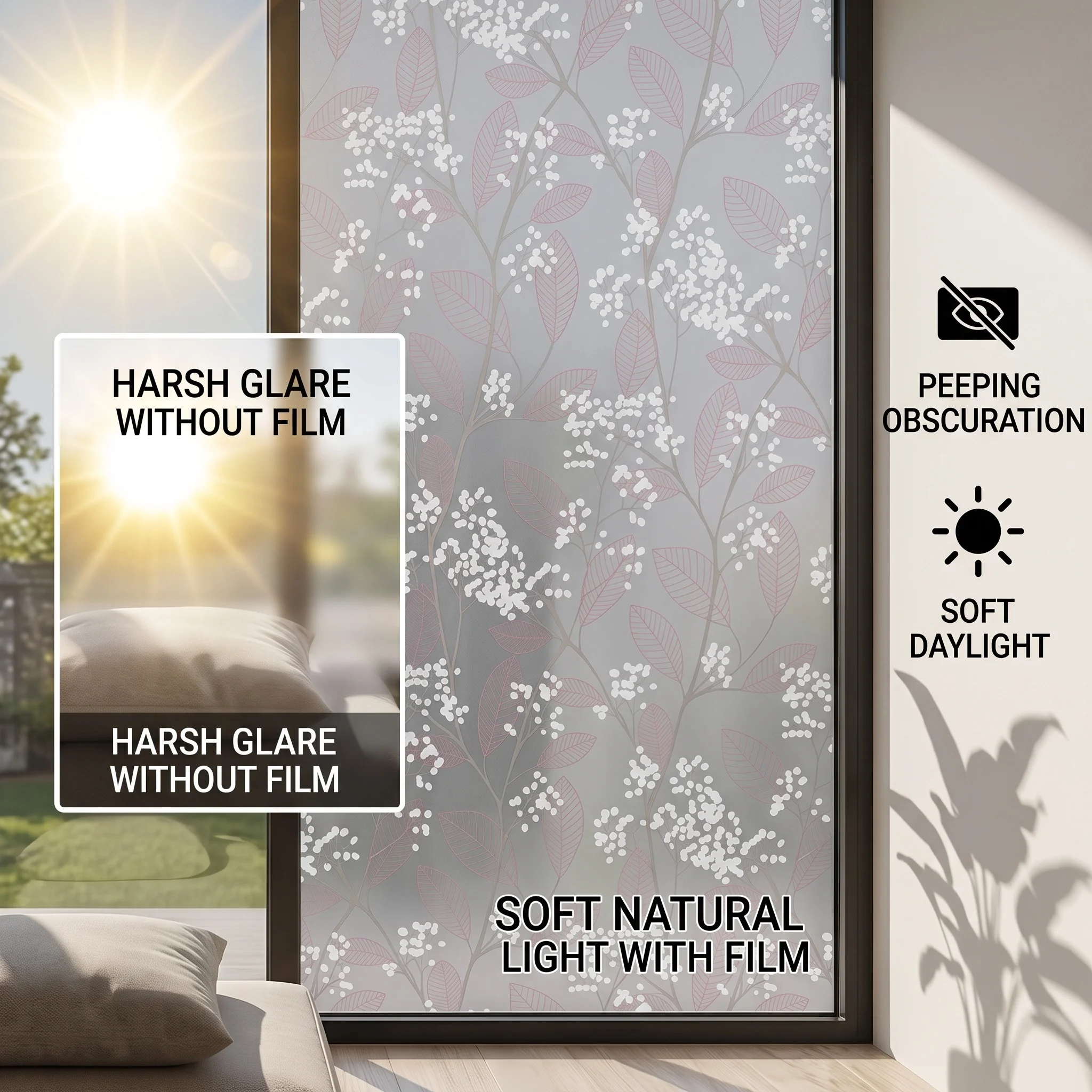 Window Insulation Film - Roze Blad Witte Bloem Zelfklevende Raamfolie