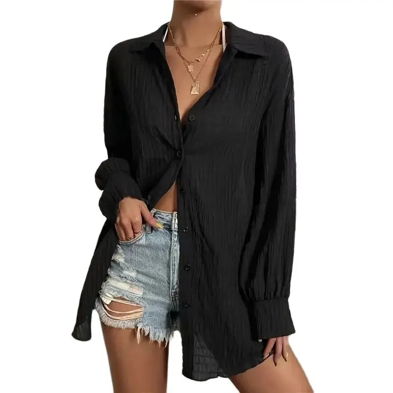 

Spring Summer Thin Shirt Women 2024 New Fashion Loose Casual Tops Button Sunscreen Shirt Pure Colour Black Blouse Shirts Female